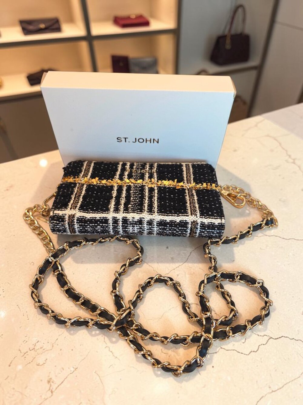Black/Gold/White Tweed Clutch/Wallet on Chain by St John Excellent Condition